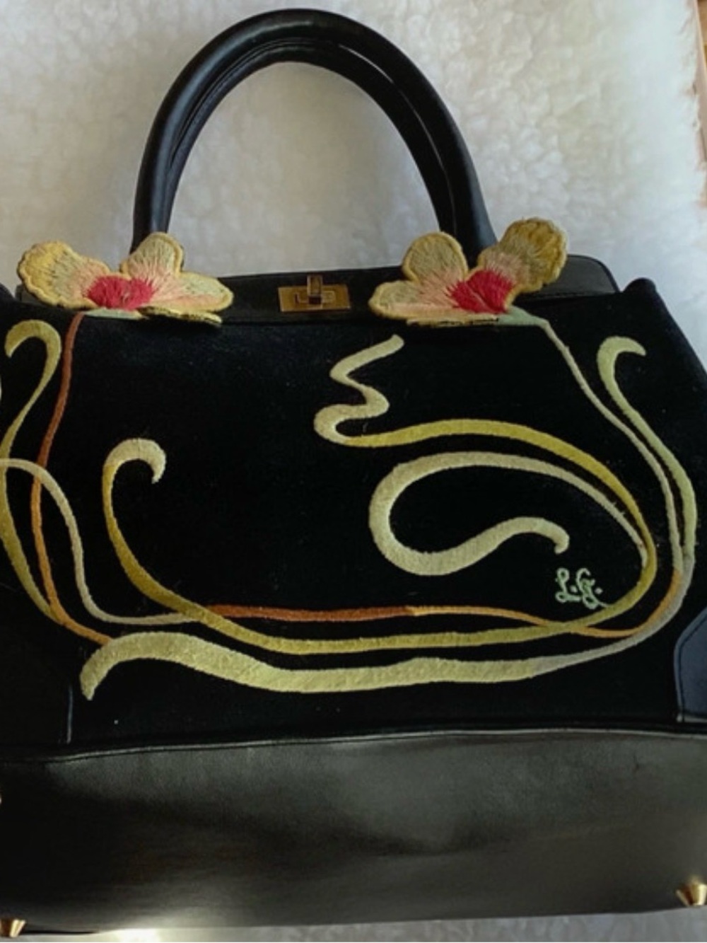 VGC Lulu Guiness RARE Yellow Floral Iris Embroidered Top-Handle Satchel